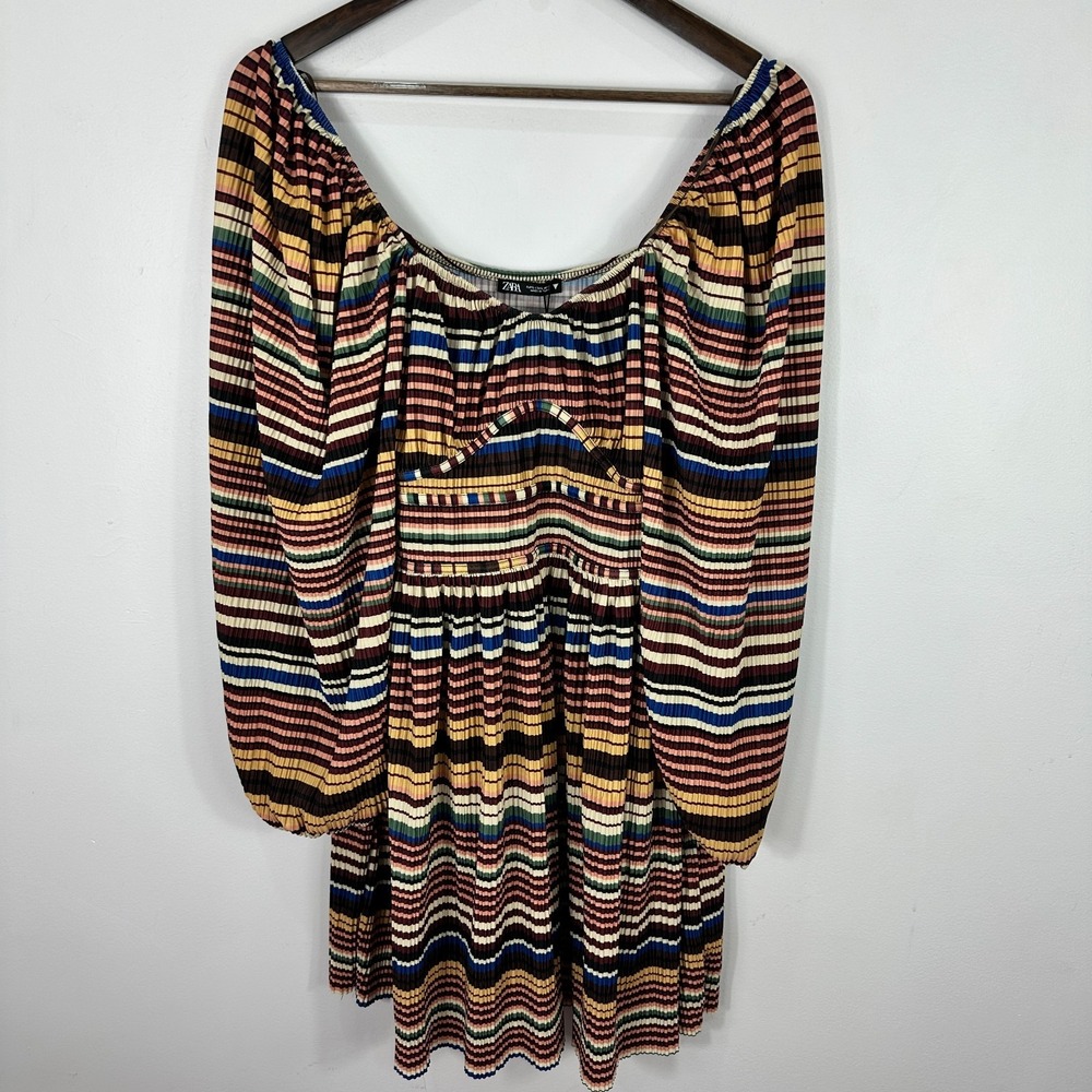 Zara Mini Dress Womens Large Multicolor Striped Plisse Pleated Balloon Sleeve